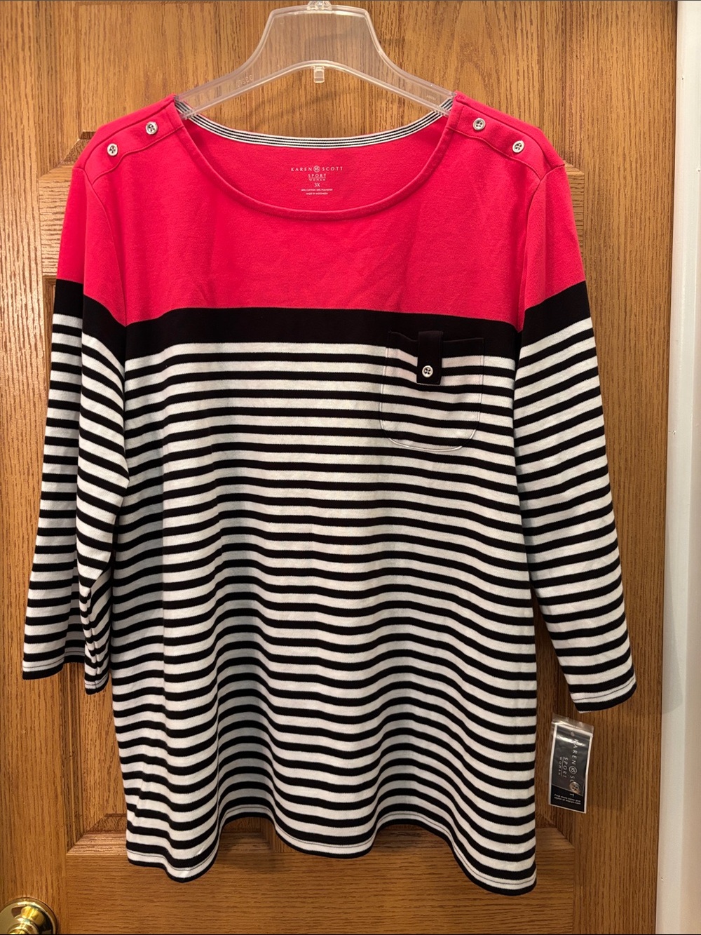 Karen Scott Pink, Black & White Striped Top with 3/4 sleeves
